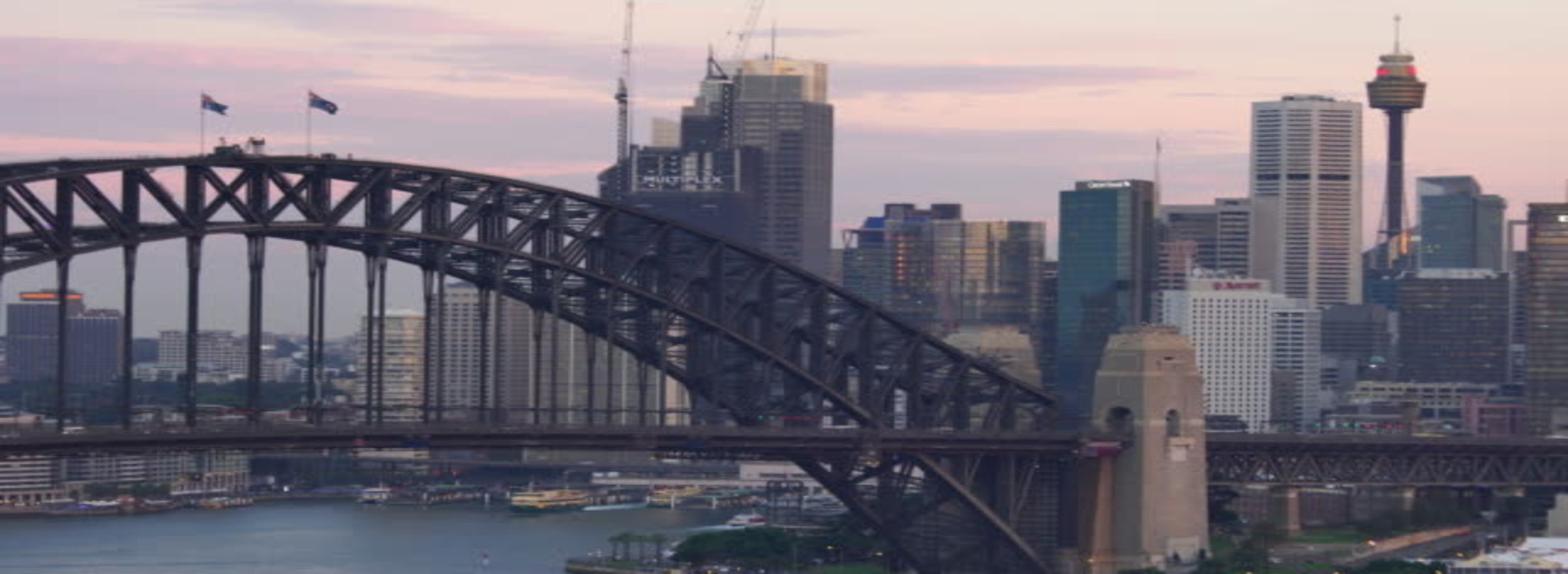 Downtown Sydney skyline in Australia from top view at sunset